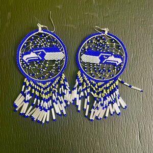 Blue and White Beaded Dreamcatcher Earrings